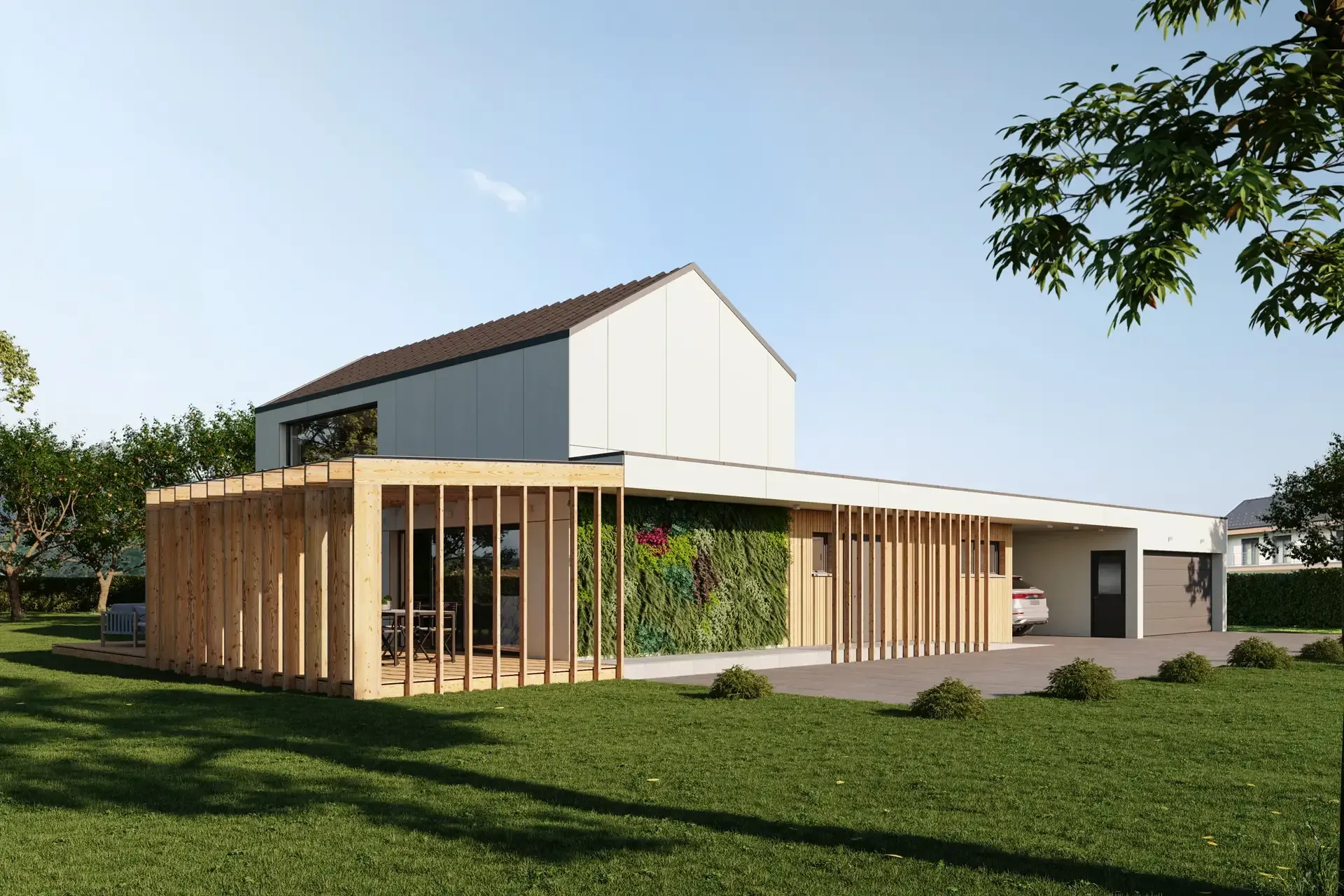 3d vizualizacija enodružinske hiše in zunanje ureditve