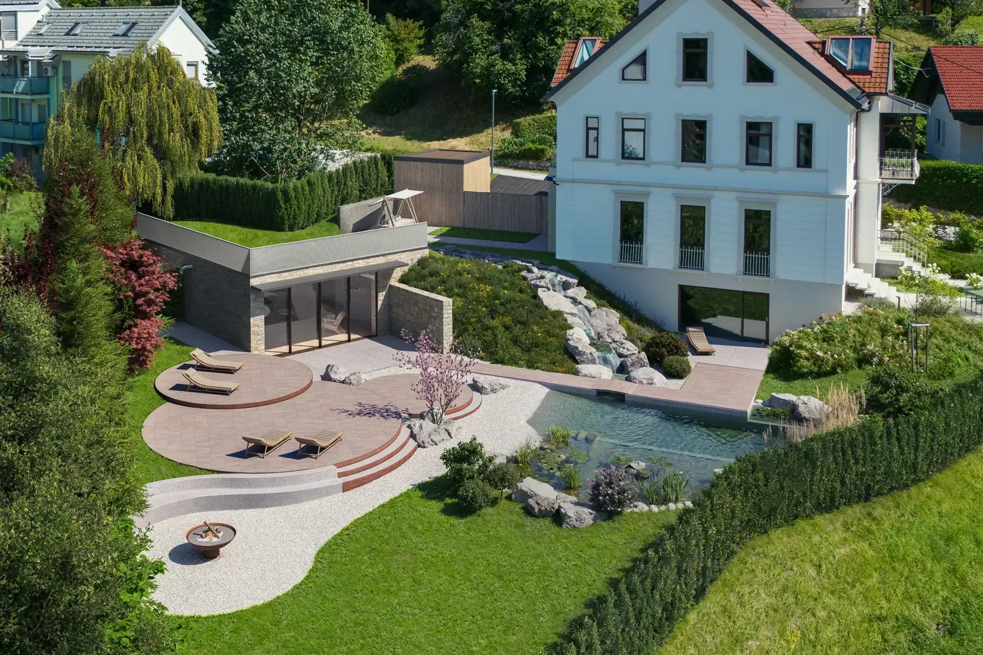 3d vizualizacija zunanje ureditve z bazenom, terasami in letnim prostorom